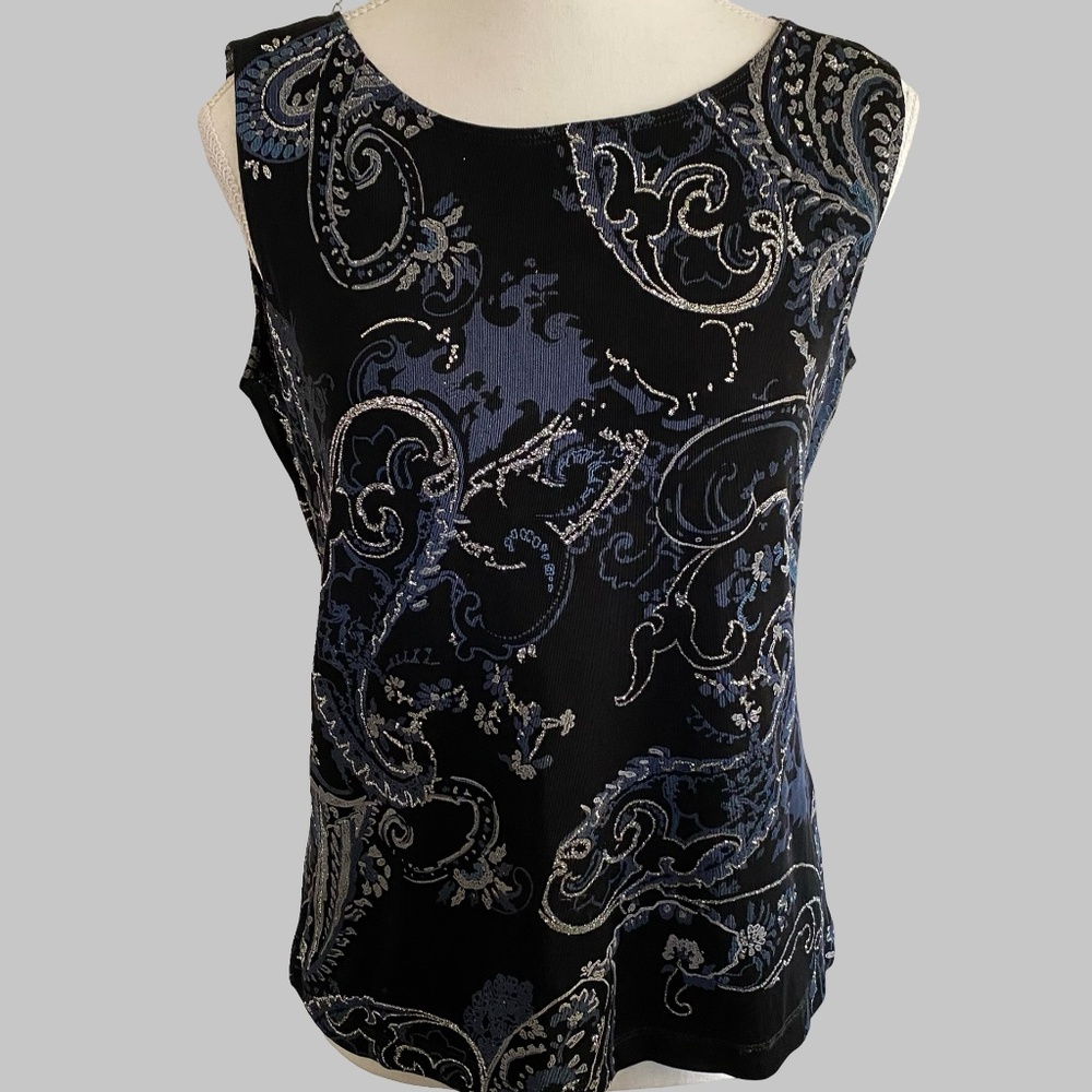 Chico's Travellers Black/Blue Silver Glitter Festive Holiday Tank Top- Sz- M